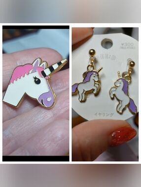 💜5/$25💜 Pink White Unicorn Lapel Pin Enamel & Earring Lot